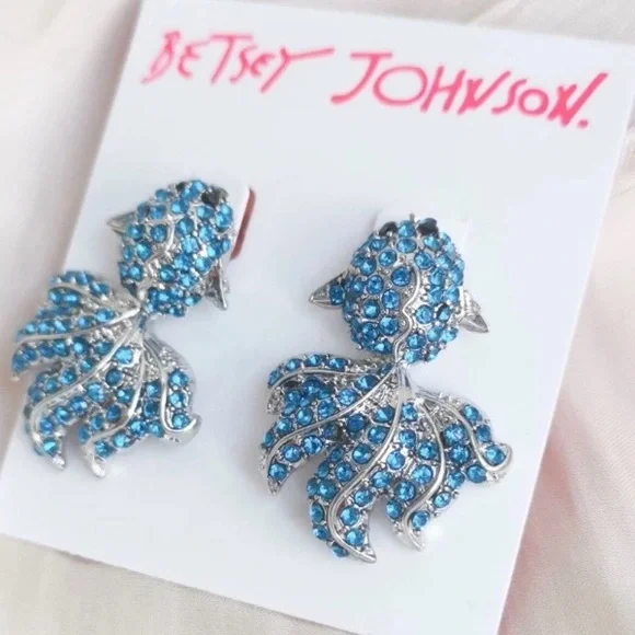 NWT Betsey Johnson Blue Crystal Fish Earrings - Picture 2 of 4
